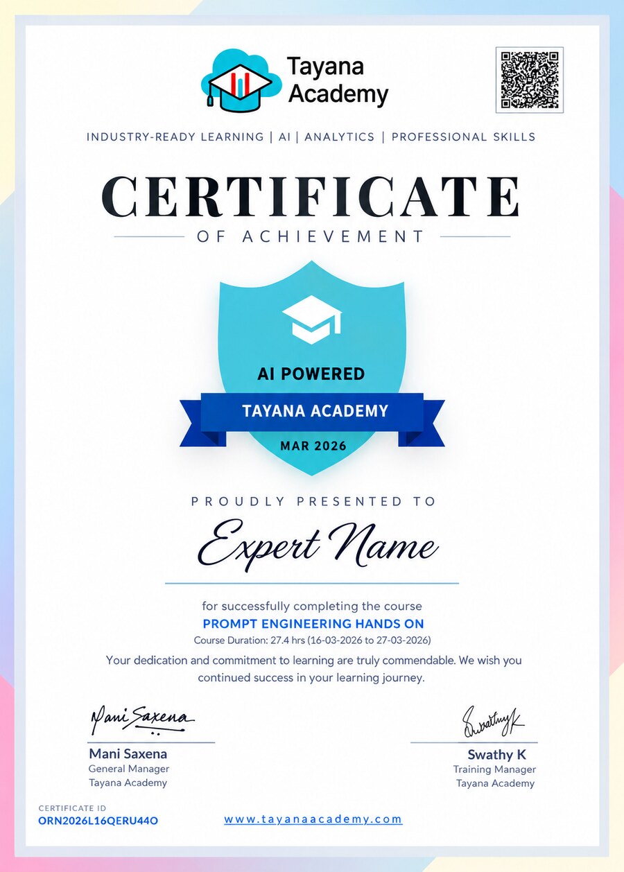 Tayana Academy certificate of achievement